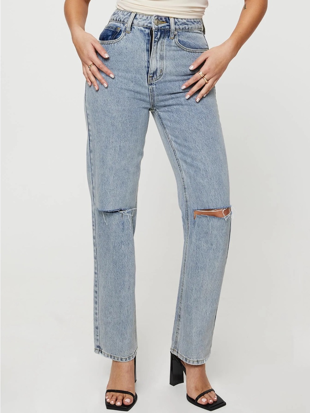 PPD Princess Polly Denim High-Waist Light Blue Straight Jeans with Knee Rips 29